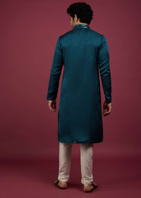 Persian Blue Silk Kurta Set Embroidered in Yoke