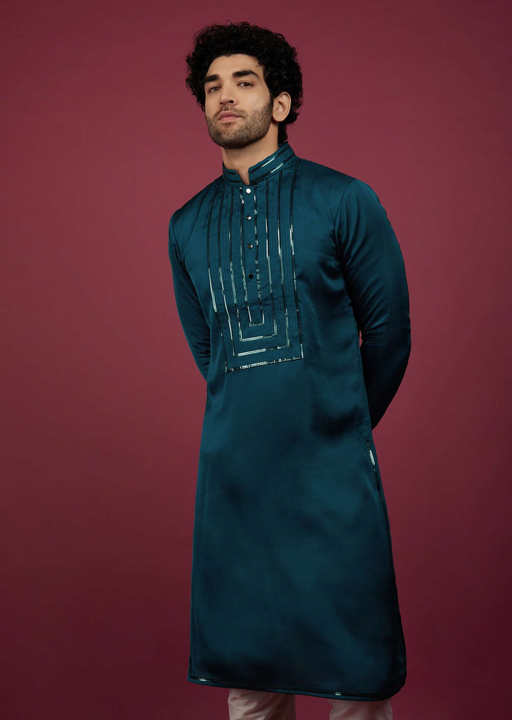 Persian Blue Silk Kurta Set Embroidered in Yoke