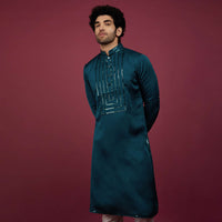 Persian Blue Silk Kurta Set Embroidered in Yoke