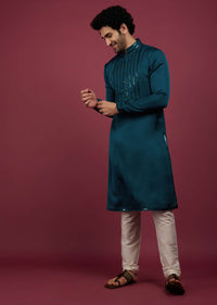 Persian Blue Silk Kurta Set Embroidered in Yoke