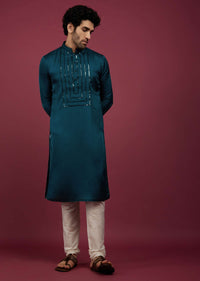 Persian Blue Silk Kurta Set Embroidered in Yoke