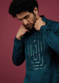 Persian Blue Silk Kurta Set Embroidered in Yoke