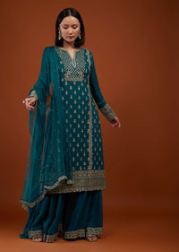 Teal Blue Embroidered Georgette Palazzo Suit