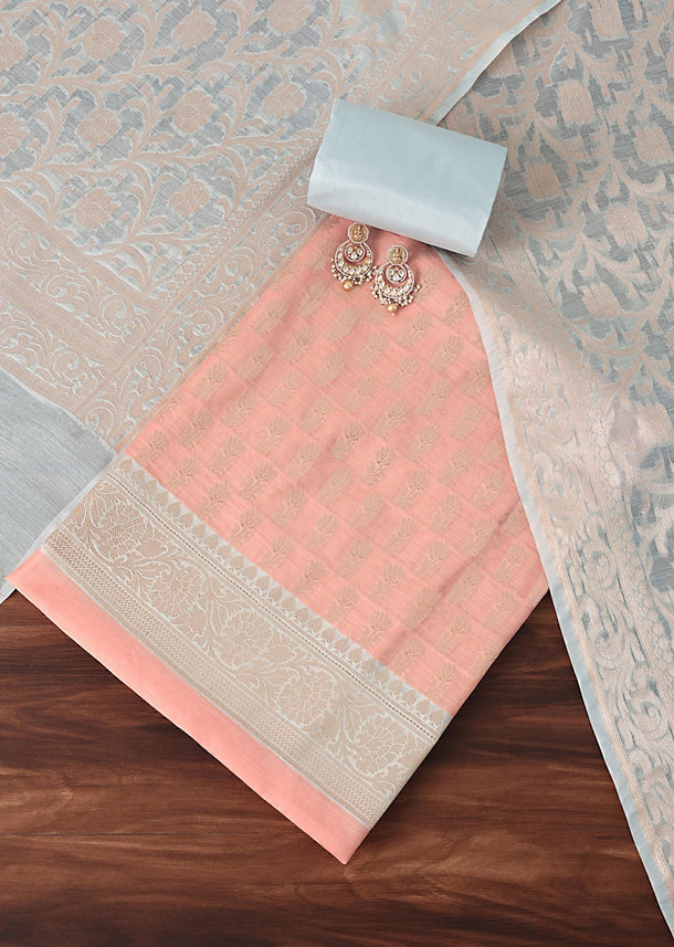 Oceanic Opulence Banarasi Silk Woven Dress Material Suit Set Peach And Ocean Blue Print