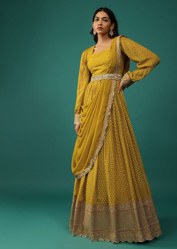 Ocher Yellow Anarkali Set In Georgette With Attached Drape