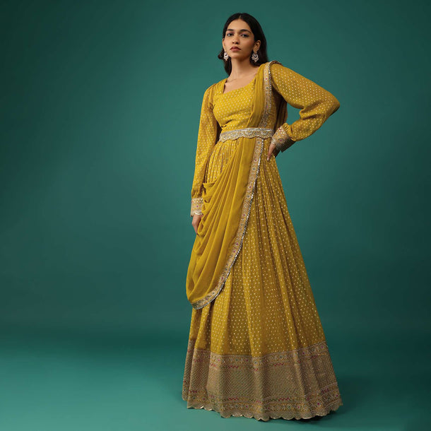 Ocher Yellow Anarkali Set In Georgette With Attached Drape