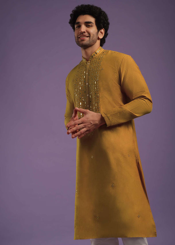 Ocher Yellow Kurta Set In Art Silk With Mirror Embroidery