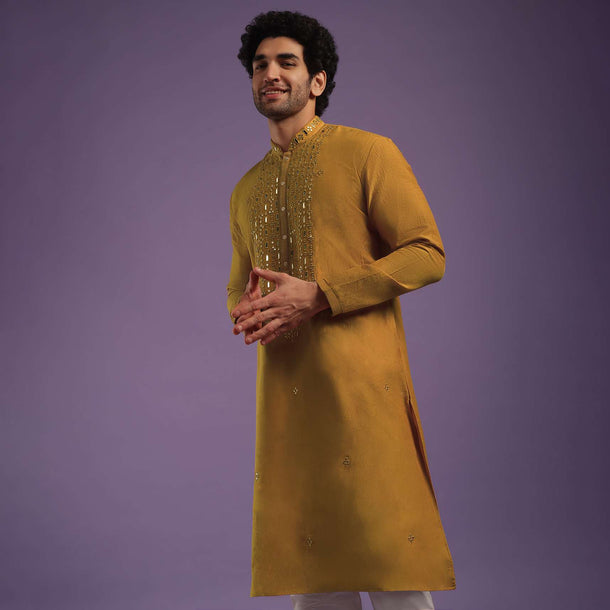 Ocher Yellow Kurta Set In Art Silk With Mirror Embroidery