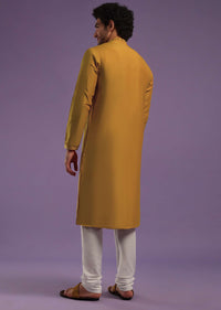 Ocher Yellow Kurta Set In Art Silk With Mirror Embroidery