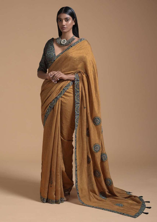 Ochre Brown Saree In Cotton With Multi Color Block Printed Applique And Self Jaal Print Online - Kalki Fashion