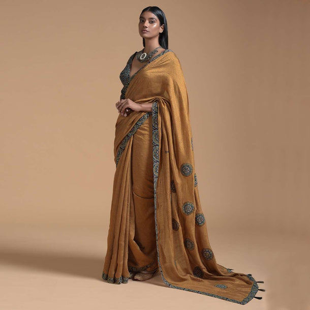 Ochre Brown Saree In Cotton With Multi Color Block Printed Applique And Self Jaal Print Online - Kalki Fashion