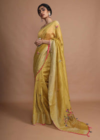 Ochre Yellow Saree In Tussar Silk With Bud Embroidered Floral Buttis Using Colorful Threads