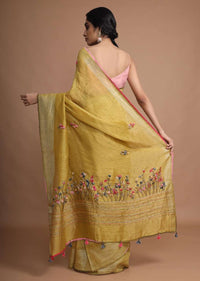 Ochre Yellow Saree In Tussar Silk With Bud Embroidered Floral Buttis Using Colorful Threads