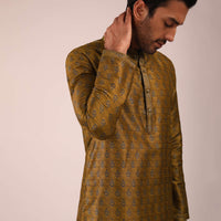 Ochre Kurta Set In Silk With Block Printed Buttis