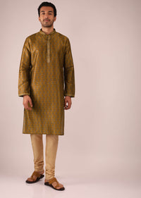 Ochre Kurta Set In Silk With Block Printed Buttis