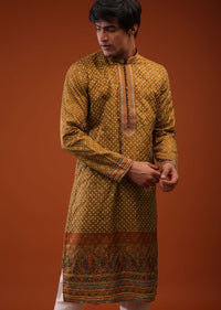 Ochre Silk Kurta Embroidered In Moroccan Jaal With Polka & Block Print, And Front Fancy Button Closure