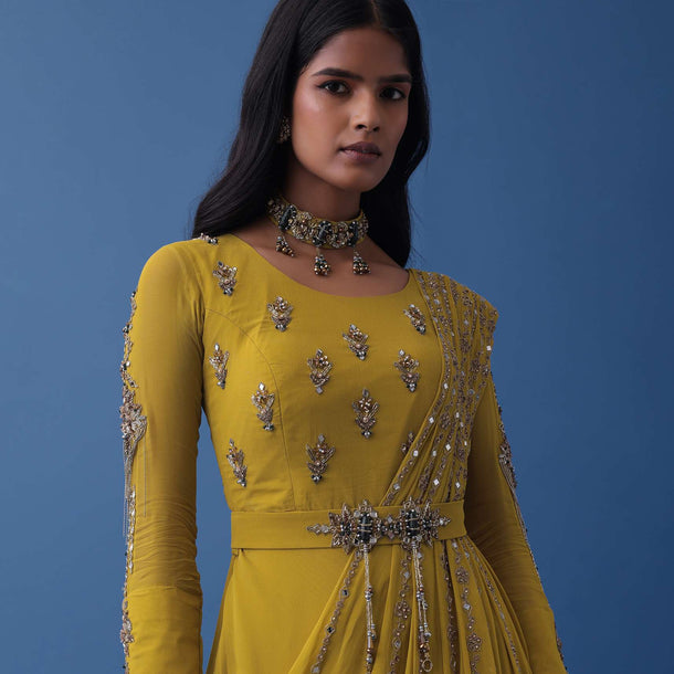 Ochre Yellow Embroidered Anarkali And Multiway Draped Dupatta Set In Georgette