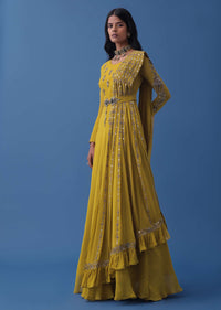 Ochre Yellow Embroidered Anarkali And Multiway Draped Dupatta Set In Georgette