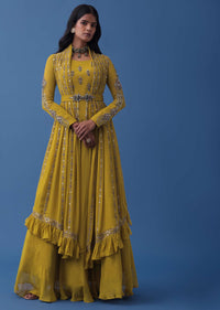 Ochre Yellow Embroidered Anarkali And Multiway Draped Dupatta Set In Georgette