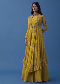 Ochre Yellow Embroidered Anarkali And Multiway Draped Dupatta Set In Georgette