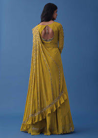 Ochre Yellow Embroidered Anarkali And Multiway Draped Dupatta Set In Georgette