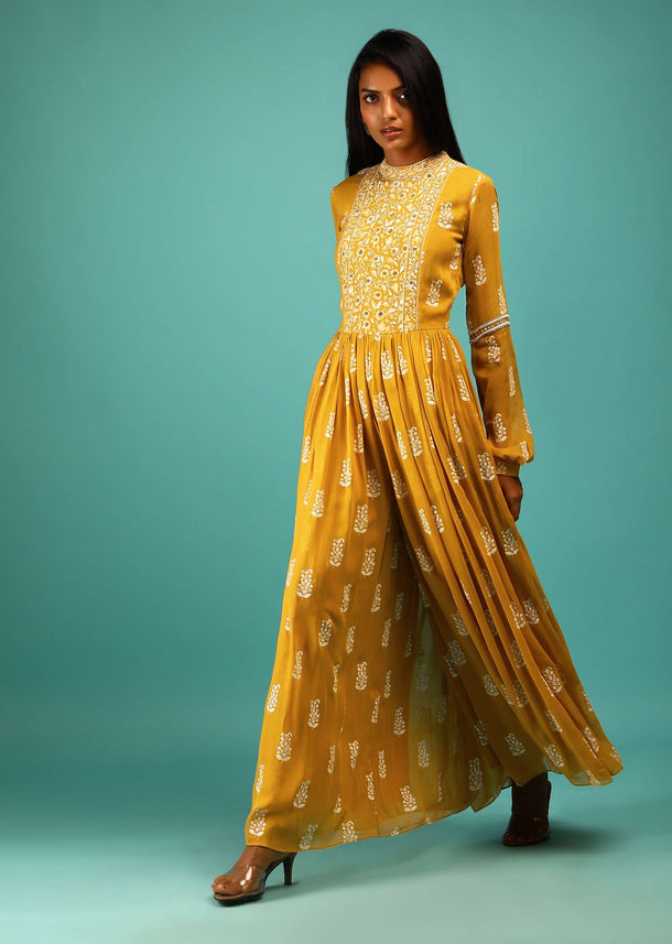 Ochre Yellow Jumpsuit In Georgette With Floral Print And Stone Work