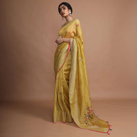 Ochre Yellow Saree In Tussar Silk With Bud Embroidered Floral Buttis Using Colorful Threads