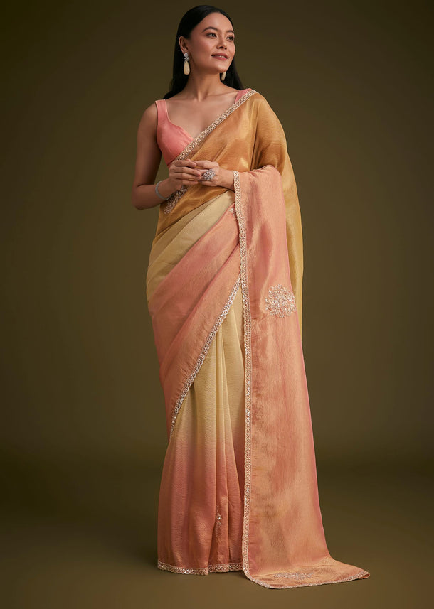 Ochre Yellow Triple Tone Tissue Saree