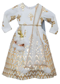 Off White Anarkali Suit In Georgette With Gotta Patch Embroidered Ethnic Pattern By Fayon Kids