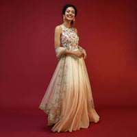 Off White Anarkali Suit With Halter Neckline And Adorned In Multicolored Hand Embroidered Floral Design On The Bodice