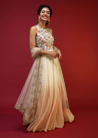 Off White Anarkali Suit With Halter Neckline And Adorned In Multicolored Hand Embroidered Floral Design On The Bodice