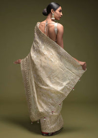 Off White Banarasi Saree In Silk Blend With Woven Floral Jaal Online - Kalki Fashion