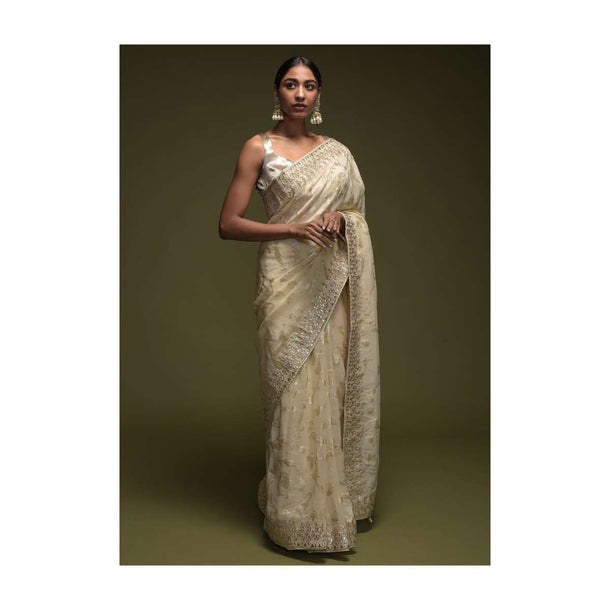 Off White Banarasi Saree In Silk Blend With Woven Floral Jaal Online - Kalki Fashion