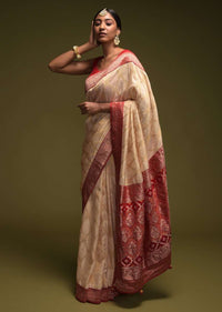 Off White Banarasi Saree In Silk Blend With Woven Mesh Jaal Online - Kalki Fashion