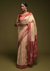 Off White Banarasi Saree In Silk Blend With Woven Mesh Jaal Online - Kalki Fashion