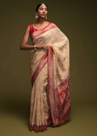 Off White Banarasi Saree In Silk Blend With Woven Mesh Jaal Online - Kalki Fashion