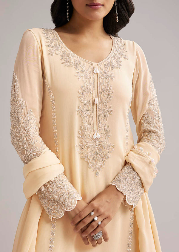 Off White Beaded Kurti Pant Set With Dupatta