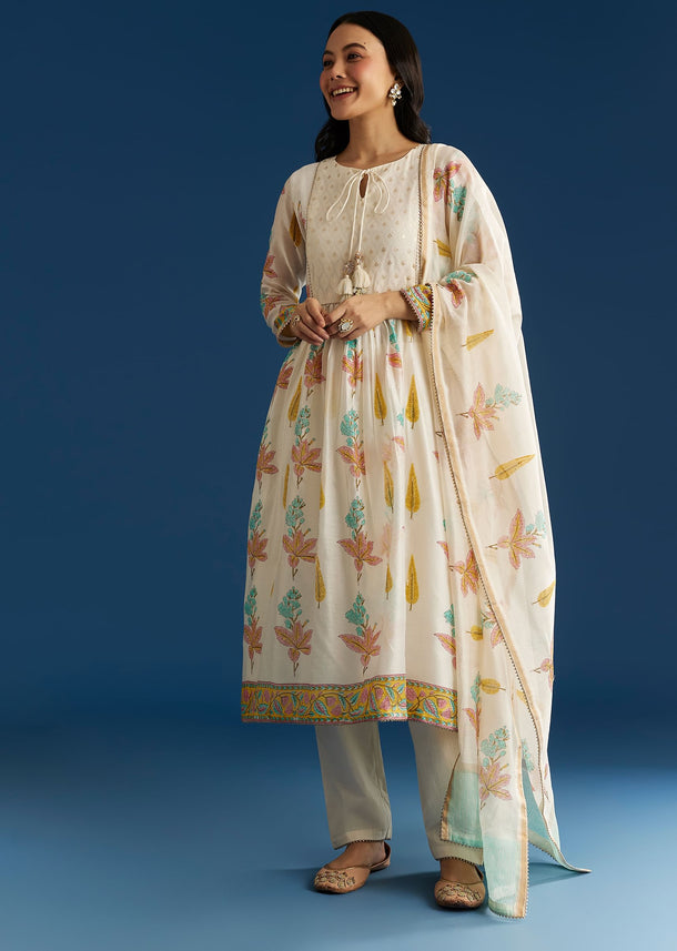 Off White Block Print Anarkali And Dupatta Set With Gotta Lace Detailing