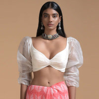 Off White Blouse In Raw Silk With Fancy Puffed Organza Sleeves And Sweetheart Neckline