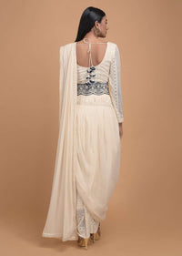 Off White Dhoti Saree In Lace With Ready Stitched Georgette Pallu And Embellished Belt Online - Kalki Fashion