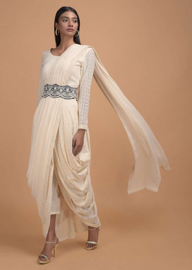 Off White Dhoti Saree In Lace With Ready Stitched Georgette Pallu And Embellished Belt Online - Kalki Fashion