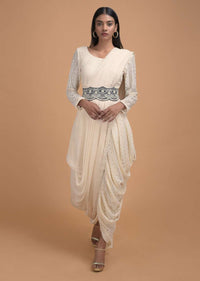 Off White Dhoti Saree In Lace With Ready Stitched Georgette Pallu And Embellished Belt Online - Kalki Fashion