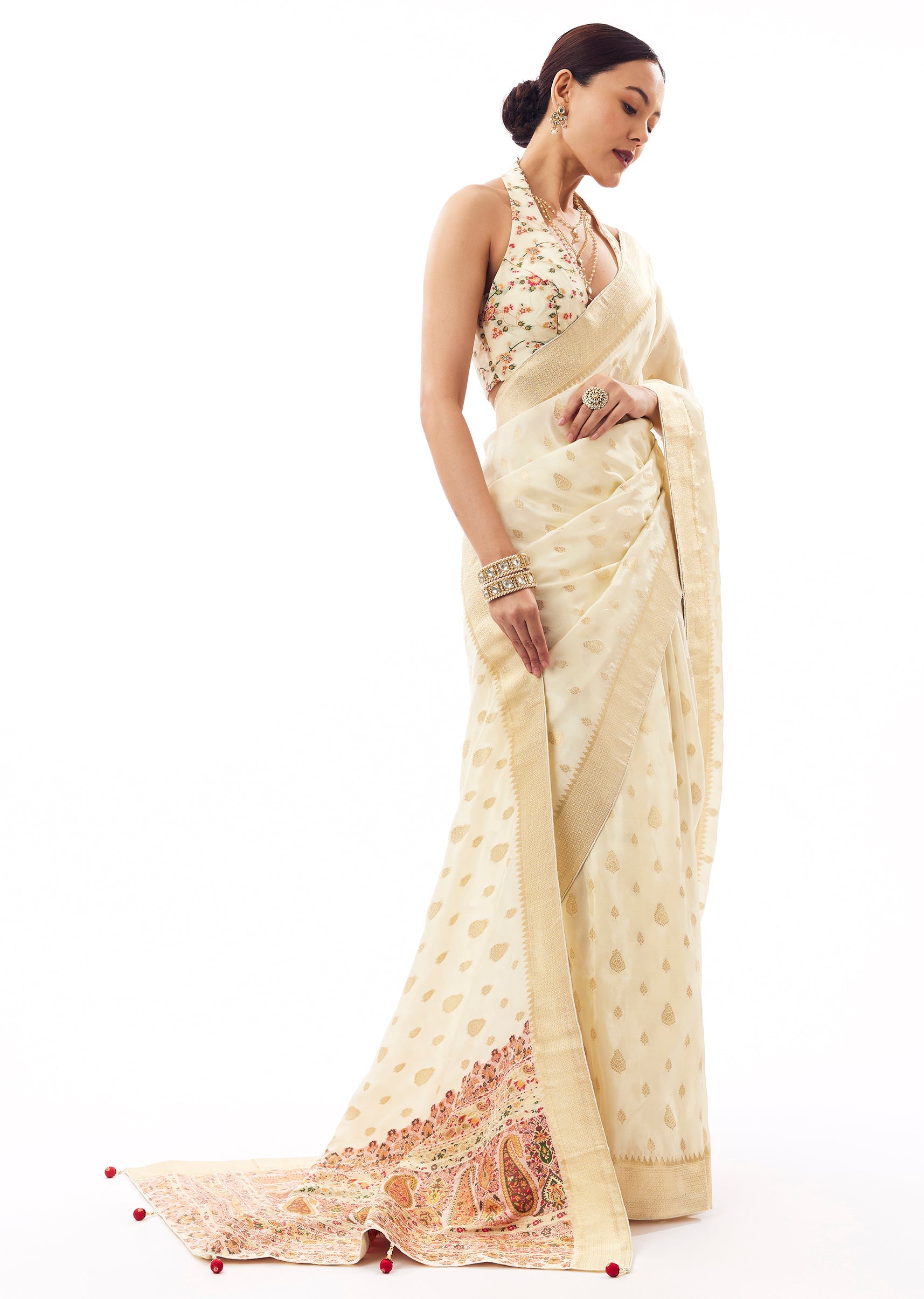 Buy Off-White Dola Silk Woven Saree With Golden Butti And Multicolour ...