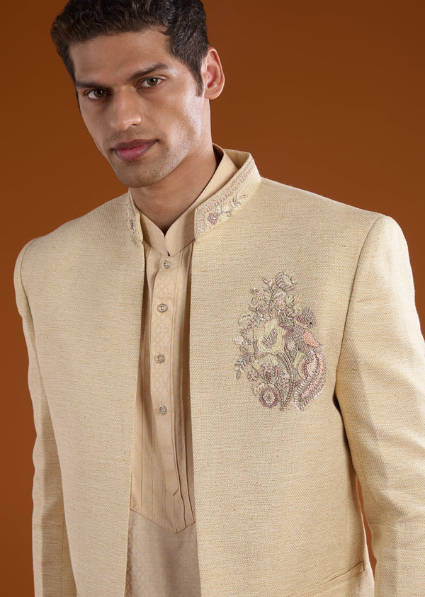 Off White Embellished Jodhpuri Kurta Set with Zardozi Work