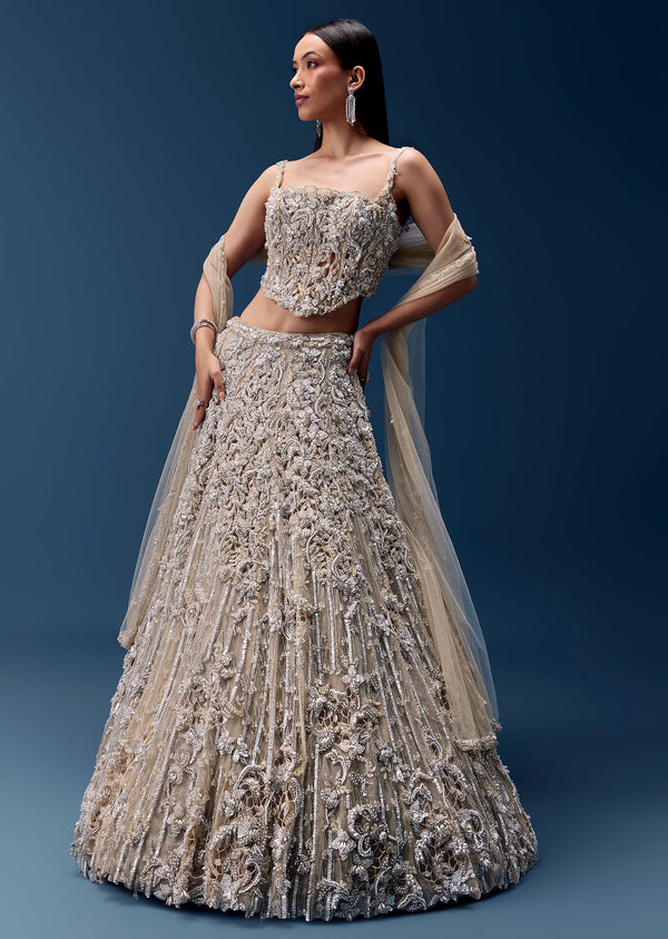 Off White Embellished Lehenga and Corset Blouse Set