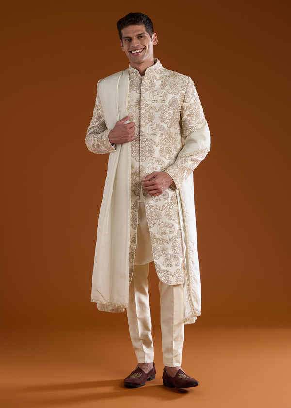 Off White Embroidered Silk Sherwani Kurta Set with Dupatta