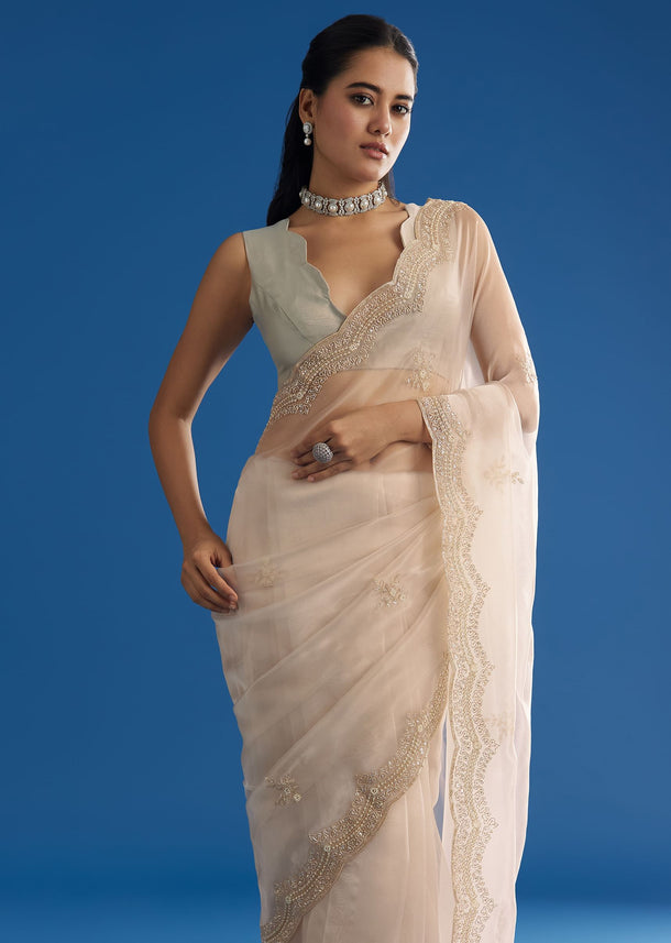 Off White Glass Tissue Saree With Embroidered Scallop Border