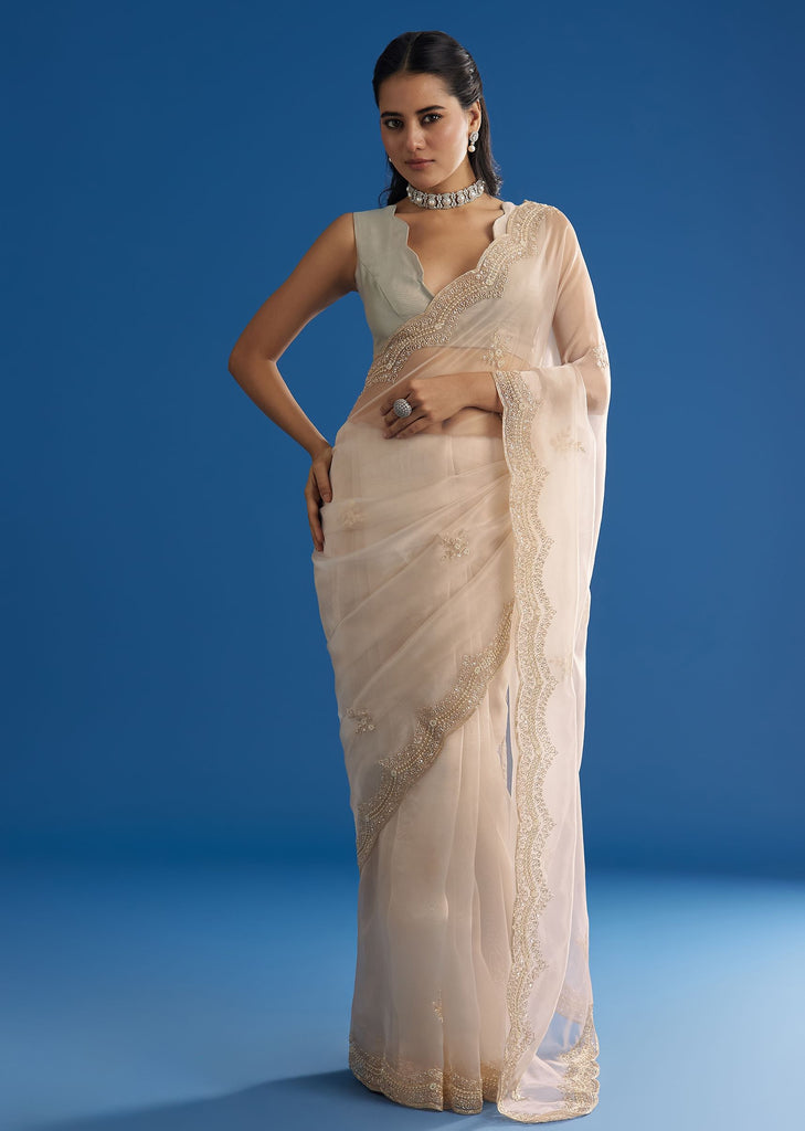 Off White Glass Tissue Saree With Embroidered Scallop Border