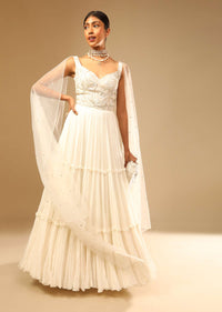 Off White Gown In Georgette With Tiered Flare And Hand Embroidered Leaf Motifs On The Bodice