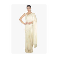 Off white half and half saree in chiffon and net saree with embellished scallop border only on Kalki